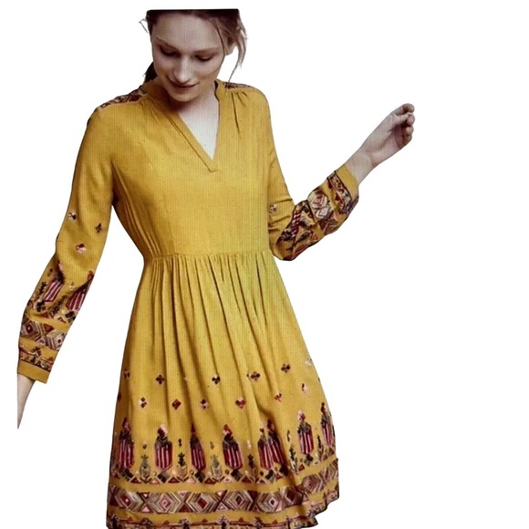 Anthropologie Floreat Raella Mustard Embroidered Boho Tiered Tunic Dress XL - Picture 4 of 16
